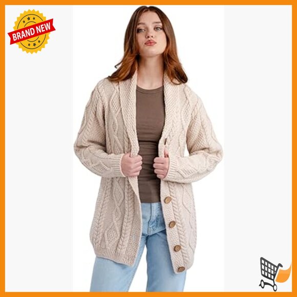 100% Merino Wool Shawl Neck Cardigan V-Neck Sweater Button Closure